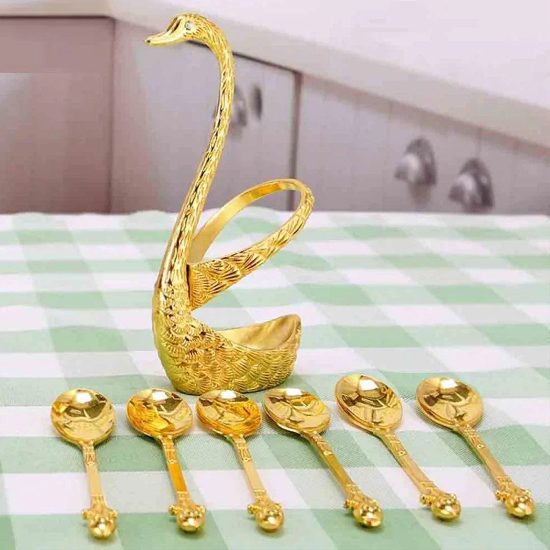 Pack of 6 Stainless Steel Spoon Set with Swan Holder